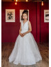 V Neck Ivory Tulle Pearls Floor Length Flower Girl Dress V Neck Ivory Tulle Pearls Floor Length Flower Girl Dress